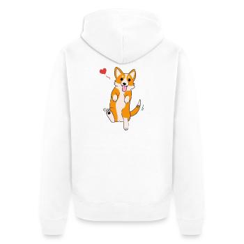 Fröhlicher Corgi mit Herzdesign - Unisex Premium Bio Zip Hoodie - Weiß - Hinten - Thijin (182cm)