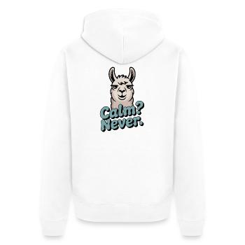 Calm? Never. – Null Gelassenheit - Unisex Premium Bio Zip Hoodie - Weiß - Hinten - Thijin (182cm)