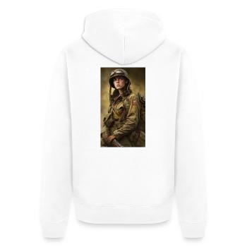Kriegsheldin im Fliegeranzug - Unisex Premium Bio Zip Hoodie - Weiß - Hinten - Thijin (182cm)