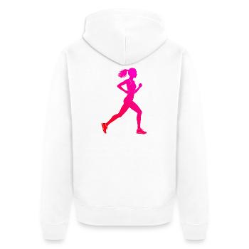 Geschenkidee für eine Laufsportlerin mit Laufsport - Unisex Premium Bio Zip Hoodie - Weiß - Hinten - Thijin (182cm)