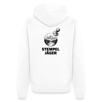 Stempeljäger – Für Wanderer & Stempelsammler - Unisex Premium Bio Zip Hoodie - Weiß - Hinten - Thijin (182cm)