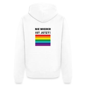 Nie wieder ist jetzt! Schriftzug und Pride Flagge - Unisex Premium Bio Zip Hoodie - Weiß - Hinten - Thijin (182cm)