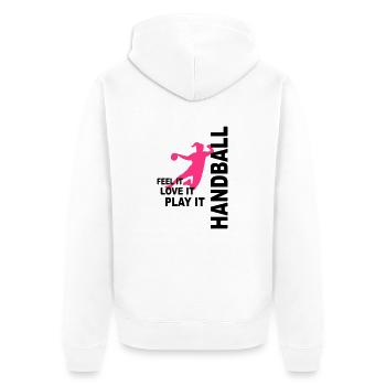 Handball - love & play - Unisex Premium Bio Zip Hoodie - Weiß - Hinten - Thijin (182cm)