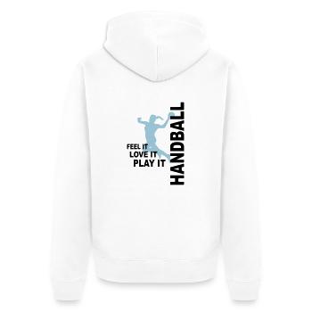Handball - love & play - Unisex Premium Bio Zip Hoodie - Weiß - Hinten - Thijin (182cm)
