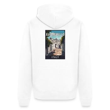 Entdecken Sie den mediterranen Alberobello in Italien - Unisex Premium Bio Zip Hoodie - Weiß - Hinten - Thijin (182cm)