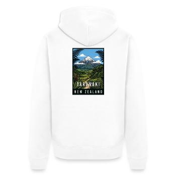 Erleben Sie den Taranaki Mountain in Neuseeland - Unisex Premium Bio Zip Hoodie - Weiß - Hinten - Thijin (182cm)