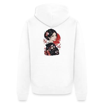Kirschblüten Kimono Porträt - Unisex Premium Bio Zip Hoodie - Weiß - Hinten - Thijin (182cm)