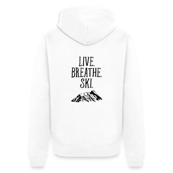 Live. Breathe. Ski. - Unisex Premium Bio Zip Hoodie - Weiß - Hinten - Thijin (182cm)