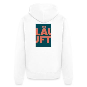 Läuft bei dir- Große Typo in Koralle auf Teal - Unisex Premium Bio Zip Hoodie - Weiß - Hinten - Thijin (182cm)