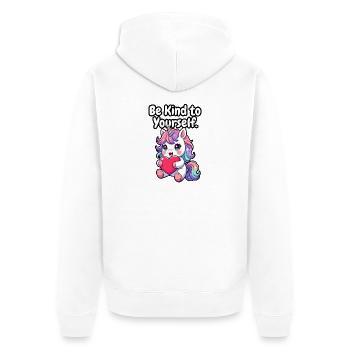 Sei freundlich zu dir selbst, Einhorn - Unisex Premium Bio Zip Hoodie - Weiß - Hinten - Thijin (182cm)