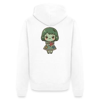 Süßes Kawaii-Zombie-Mädchen hält ein gesticktes Herz - Unisex Premium Bio Zip Hoodie - Weiß - Hinten - Thijin (182cm)
