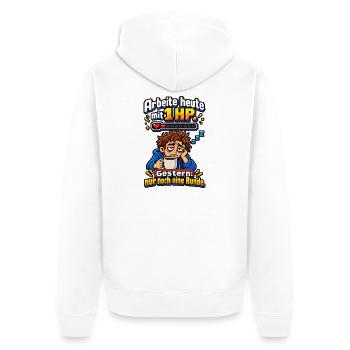 Arbeite heute mit 1 HP – Gamer müde Büro Pixel - Unisex Premium Bio Zip Hoodie - Weiß - Hinten - Thijin (182cm)