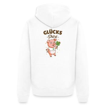 Glücksshirt Glücksschwein Kleeblatt Glücksbringer  - Unisex Premium Bio Zip Hoodie - Weiß - Hinten - Thijin (182cm)