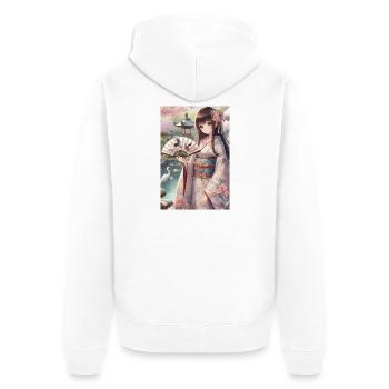 Elegante japanische Gelassenheit: Kimono, Kirschblüten - Unisex Premium Bio Zip Hoodie - Weiß - Hinten - Thijin (182cm)