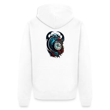 Die Uhr im Nebel der Unendlichkeit. - Unisex Premium Bio Zip Hoodie - Weiß - Hinten - Thijin (182cm)