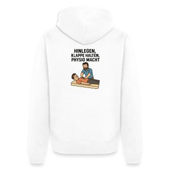 Lie down, shut up, physio POWER - Unisex Premium Organic Zip Hoodie - white - Back - Thijin (182cm)