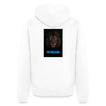 Löwenkopf mit blauer Magie und Titel - Unisex Premium Bio Zip Hoodie - Weiß - Hinten - Thijin (182cm)