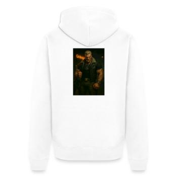 Mechanischer Biker – Blonder Krieger mit Feuerblick - Unisex Premium Bio Zip Hoodie - Weiß - Hinten - Thijin (182cm)