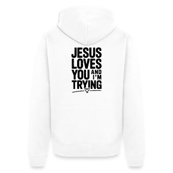 Jesus liebt dich und ich versuche es - Unisex Premium Bio Zip Hoodie - Weiß - Hinten - Thijin (182cm)