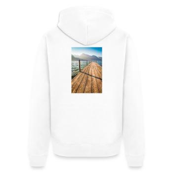 Holzsteg am Bergsee im Sonnenlicht - Unisex Premium Bio Zip Hoodie - Weiß - Hinten - Thijin (182cm)
