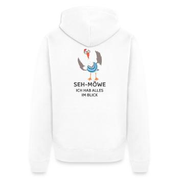 SEH-MÖWE Ich hab alles im Blick – Lustige Möwe - Unisex Premium Bio Zip Hoodie - Weiß - Hinten - Thijin (182cm)