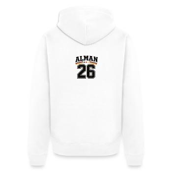 Alman 26  - Unisex Premium Bio Zip Hoodie - Weiß - Hinten - Thijin (182cm)