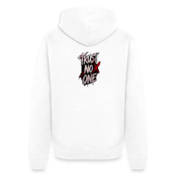 TRUST_NO_ONE - Unisex Premium Bio Zip Hoodie - Weiß - Hinten - Thijin (182cm)