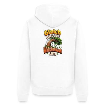 Gleich fällt der Watschenbaum - Unisex Premium Bio Zip Hoodie - Weiß - Hinten - Thijin (182cm)