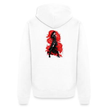 DUNKLE RACHE - Unisex Premium Bio Zip Hoodie - Weiß - Hinten - Thijin (182cm)
