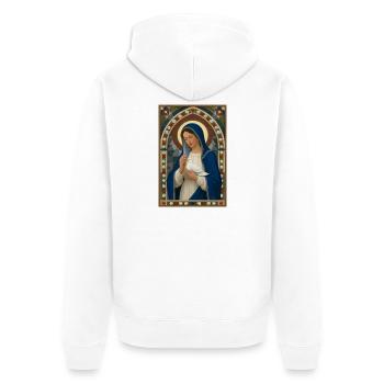 MARY MIT TAUBE - Unisex Premium Bio Zip Hoodie - Weiß - Hinten - Thijin (182cm)