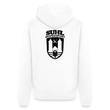 Suhl Mopedsport Schwalbe v.2 (Farbe änderbar) - Unisex Premium Bio Zip Hoodie - Weiß - Hinten - Thijin (182cm)