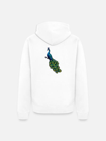 pfauen hahn in Edelblau, vögel, - Unisex Premium Bio Zip Hoodie - Weiß