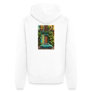 Tropischer Oldtimer im sonnenbeschienenen Innenhof - Unisex Premium Bio Zip Hoodie - Weiß - Hinten - Thijin (182cm)