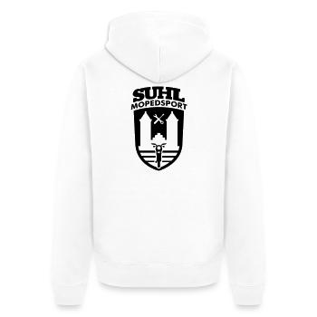 Suhl Mopedsport S50 S51 v.2 (Farbe änderbar) - Unisex Premium Bio Zip Hoodie - Weiß - Hinten - Thijin (182cm)