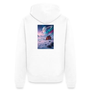 Aurora-Hütte unter dem Ringplaneten - Unisex Premium Bio Zip Hoodie - Weiß - Hinten - Thijin (182cm)