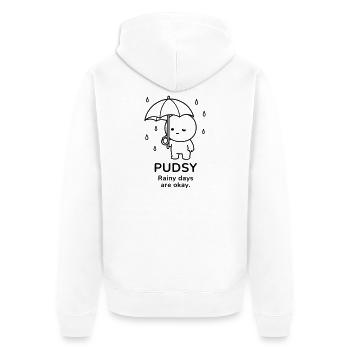 Pudsy – Les jours de pluie sont acceptables | Ambiance douillette de pluie - Veste à capuche bio Premium Unisexe - blanc - Dos - Thijin (182cm)