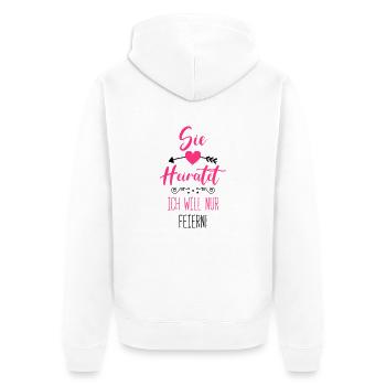 sie heiratet ich will nur feiern - Unisex Premium Bio Zip Hoodie - Weiß - Hinten - Thijin (182cm)