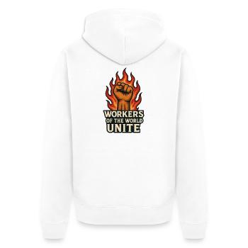 Fists and flames – Arbeiterwelt Unite - Unisex Premium Organic Zip Hoodie - white - Back - Thijin (182cm)