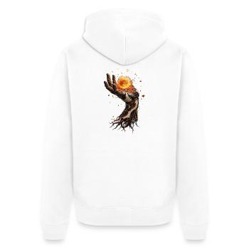 Mechanische Hand, die eine brennende Sonne hält - Unisex Premium Bio Zip Hoodie - Weiß - Hinten - Thijin (182cm)