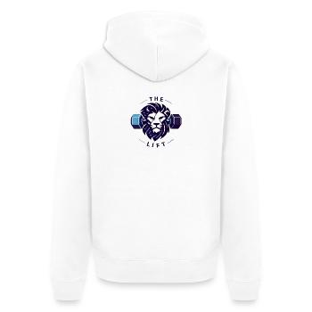 The Lion’s Lift: Minimalist Zodiac Gym Graphic - Unisex Premium Bio Zip Hoodie - Weiß - Hinten - Thijin (182cm)
