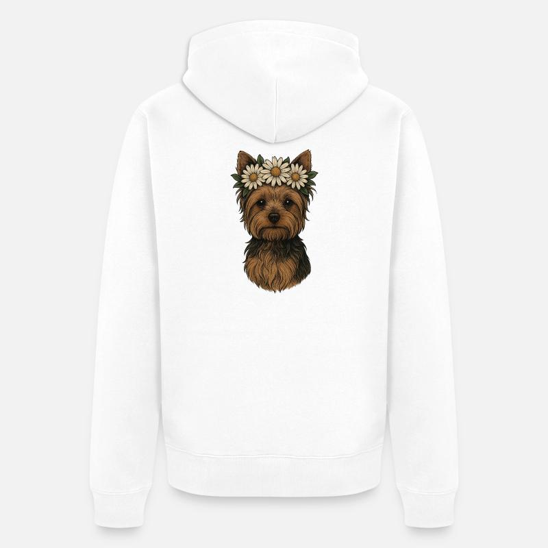 Yorkshire Terrier mit Gänseblümchenkrone - Unisex Premium Bio Zip Hoodie - Weiß