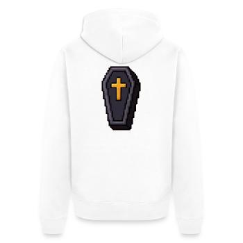 Pixel-Sarg mit goldenem Kreuz - Unisex Premium Bio Zip Hoodie - Weiß - Hinten - Thijin (182cm)