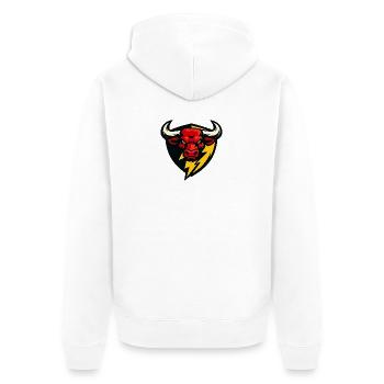 Roter Bullenblitz Schild - Unisex Premium Bio Zip Hoodie - Weiß - Hinten - Thijin (182cm)