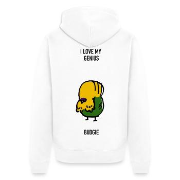 Hilarious funny image of big-brained budgie parrot - Unisex Premium Organic Zip Hoodie - white - Back - Thijin (182cm)