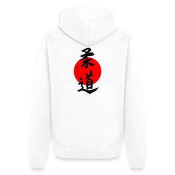 Judo-Kanji schwarz mit roter japanischer Sonne - Unisex Premium Bio Zip Hoodie - Weiß - Hinten - Thijin (182cm)