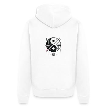 „Chōwa – Moderne Harmonie“ - Unisex Premium Bio Zip Hoodie - Weiß - Hinten - Thijin (182cm)