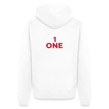 AUSGEWIESENE NUMMER EINS IN ROT - Unisex Premium Bio Zip Hoodie - Weiß - Hinten - Thijin (182cm)