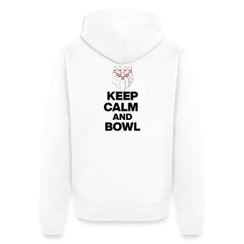 KEEP CALM AND BOWL, STRIKE MEISTER! PIN SNIPER - Unisex Premium Bio Zip Hoodie - Weiß - Hinten - Thijin (182cm)