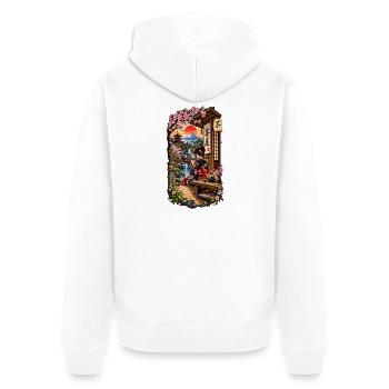 Geisha im Teehaus mit Sakura & Fuji - Unisex Premium Bio Zip Hoodie - Weiß - Hinten - Thijin (182cm)