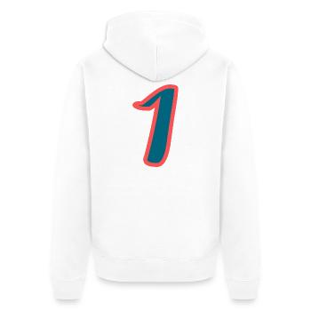 1. 1 Jahr. 1. JUBILÄUM. 1-JÄHRIGES JUBILÄUM - Unisex Premium Bio Zip Hoodie - Weiß - Hinten - Thijin (182cm)